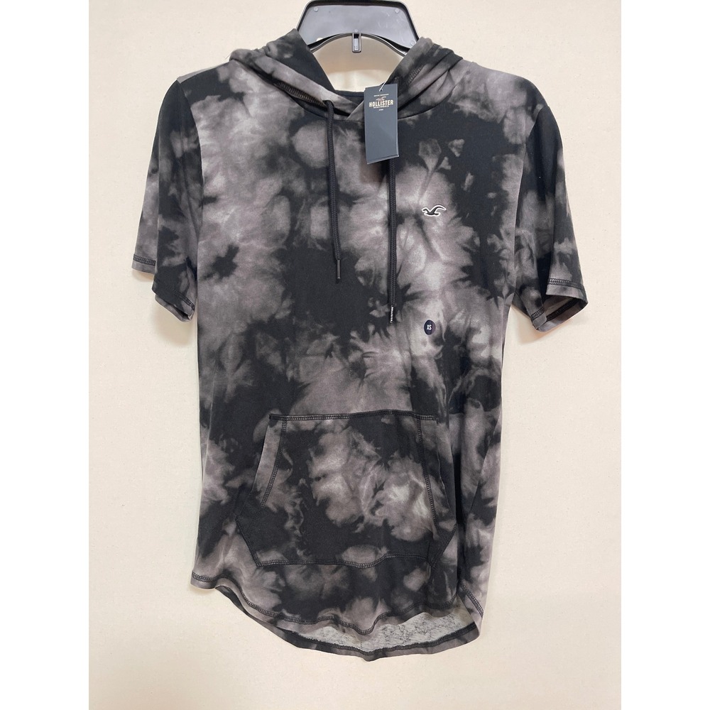 Hollister Mens XS Black Grey Tie Dye Short Sleeve Hooded Tee Shirt NWT
